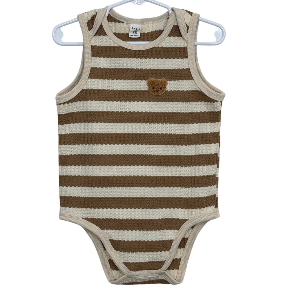 Shein Brown White Striped Teddy Bear Sleeveless Bodysuit Onesie Romper Size 2-3Y